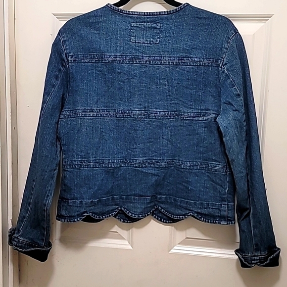 LIVE A LITTLE MEDIUM PIECED STRETCH JEAN JACKET BLUE DENIM CUFFED SLEEVE - Picture 4 of 9